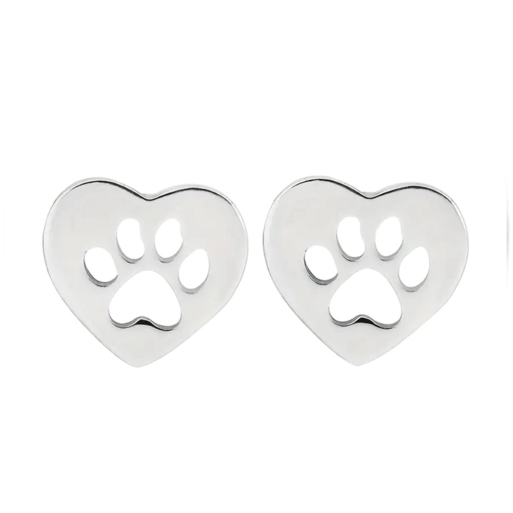 Stainless Steel Silver Heart and Paw Print Stud Earrings